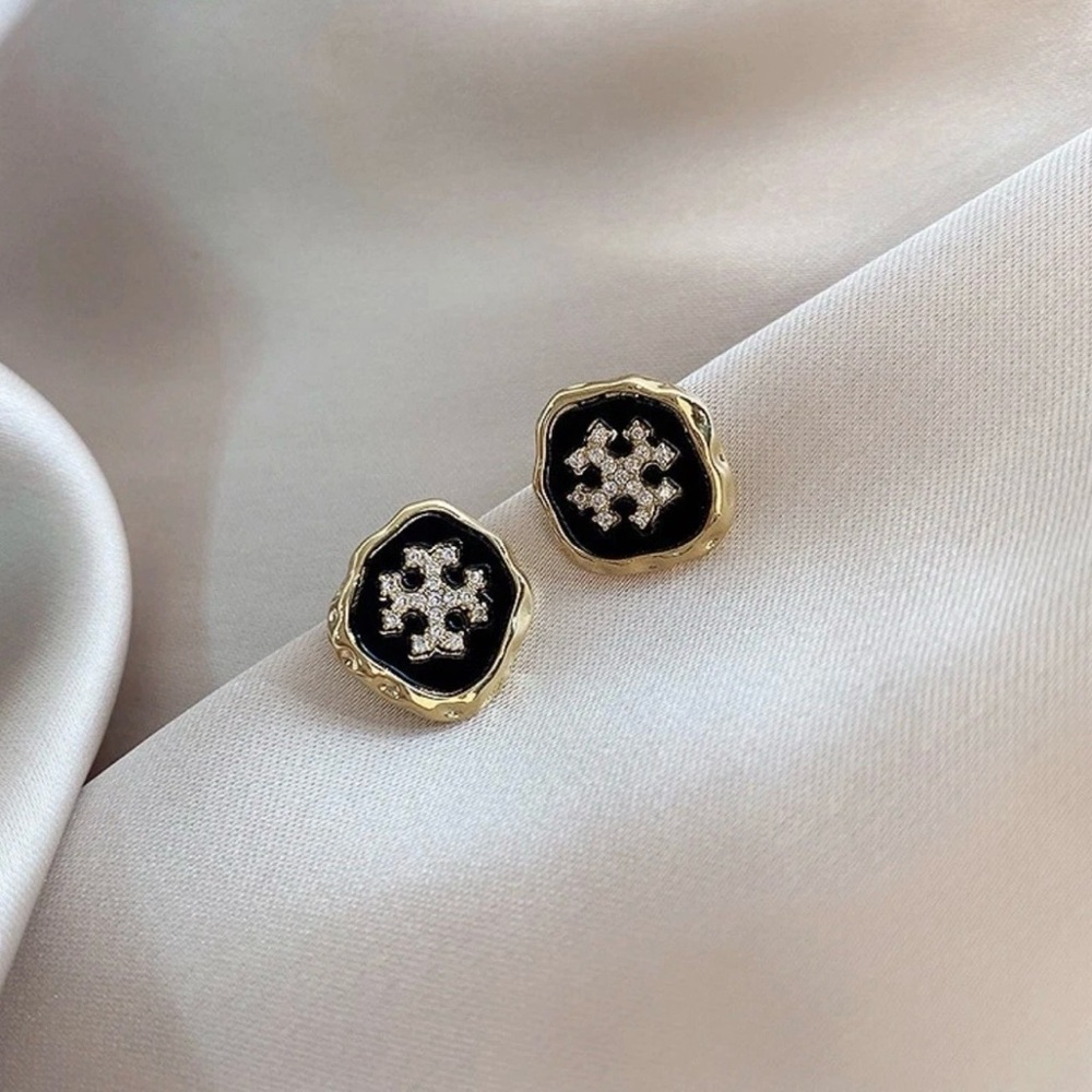 Tory Burch Gold and Black Logo Stud Earrings